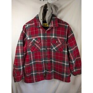 Brazos Work Force Flannel Hoodie Jacket Large Red Plaid Lined Quilted